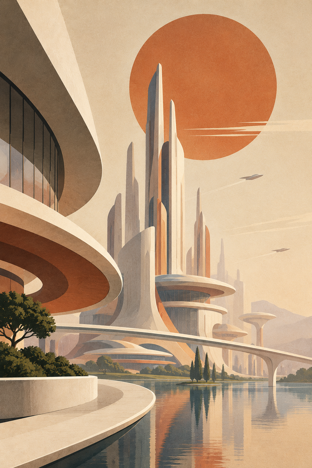 Retro-Futurist City at Sunset